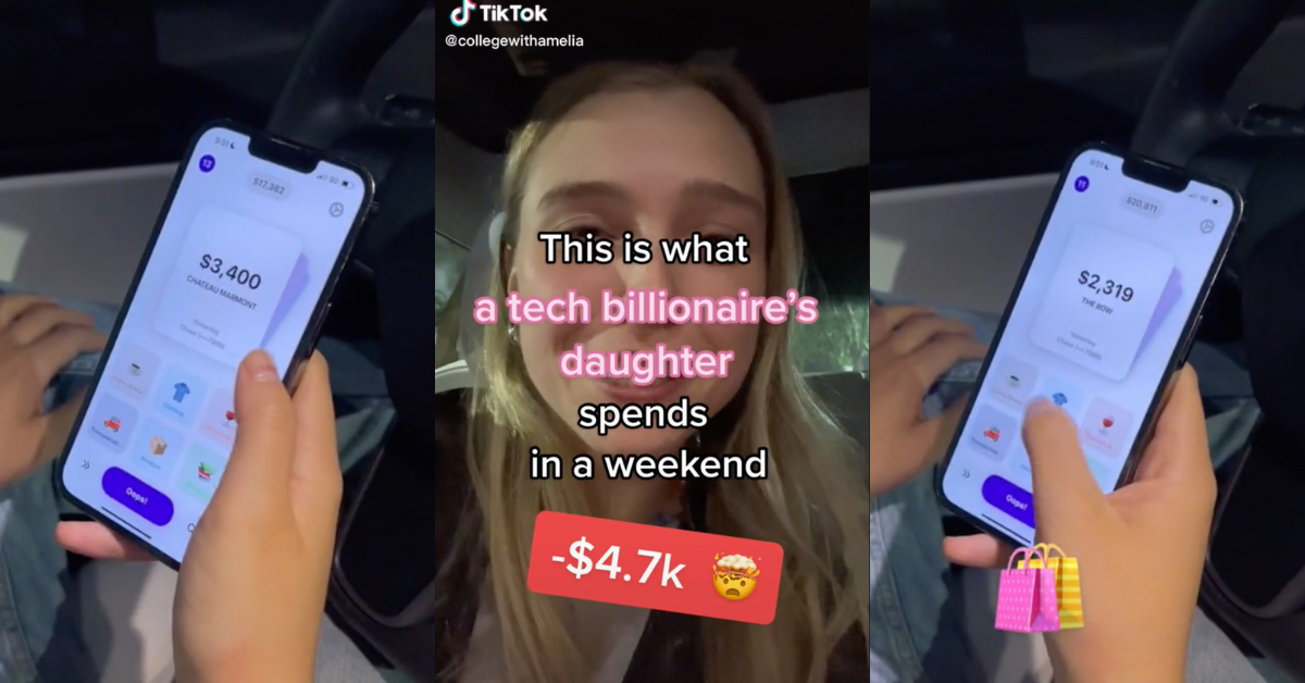 TikTok screenshots of phone displaying purchase amounts and @collegewithamelia