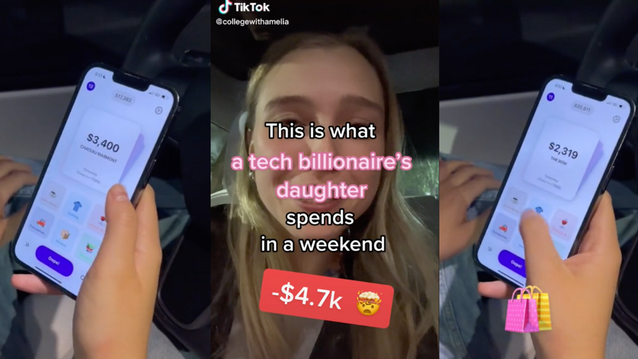 TikTok screenshots of phone displaying purchase amounts and @collegewithamelia
