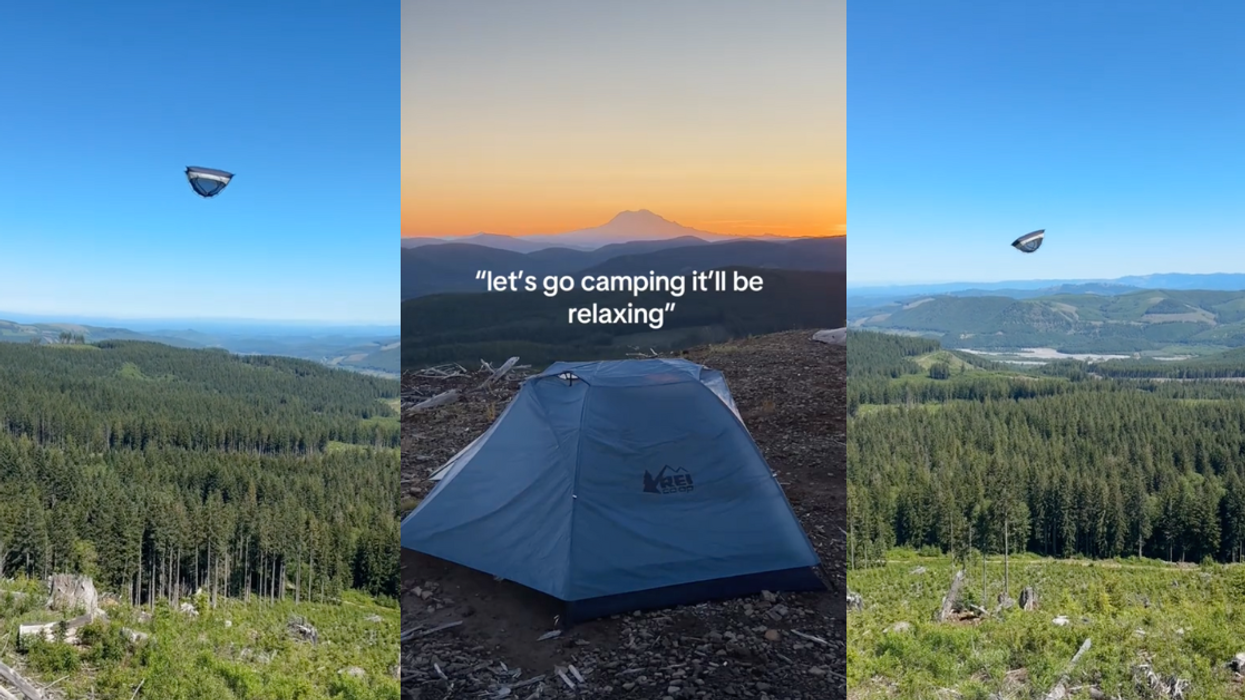 TikTok screenshots of tent flying away