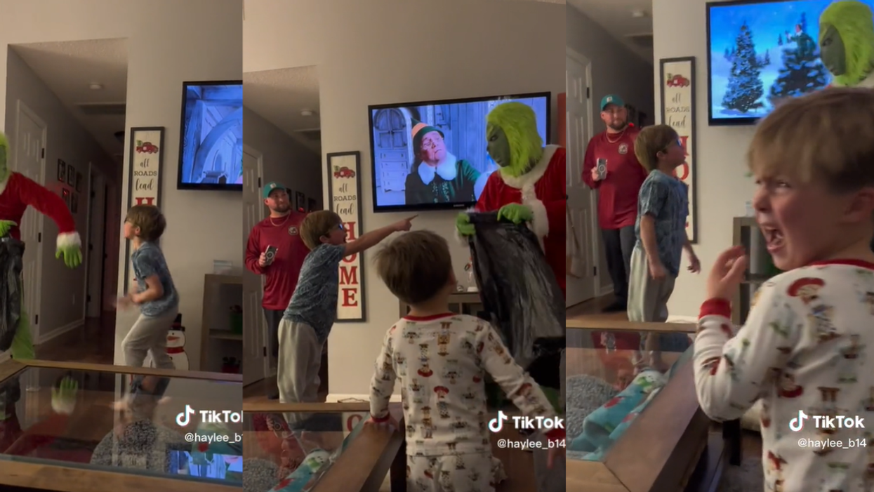 TikTok video of Grinch terrorizing @haylee_b14's kids as prank