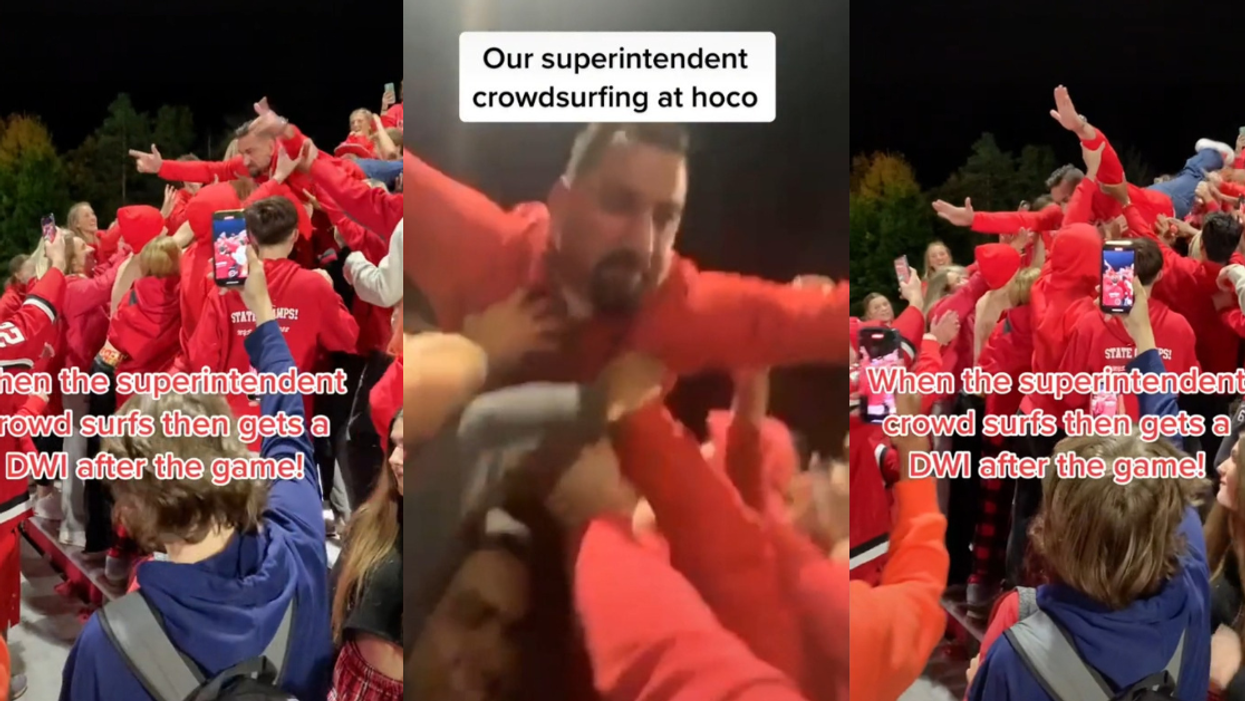 TikTok video screenshots of Baldwinsville, New York superintendent crowd surfing at high school football game