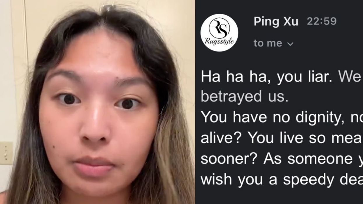 TikToker Joanne Romarate; Screenshot of Rugstyle's threatening email