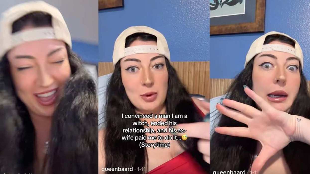 TikToker @queenbaard, also known as Ash, reacts in her viral Storytime video about being hired to pose as a witch.