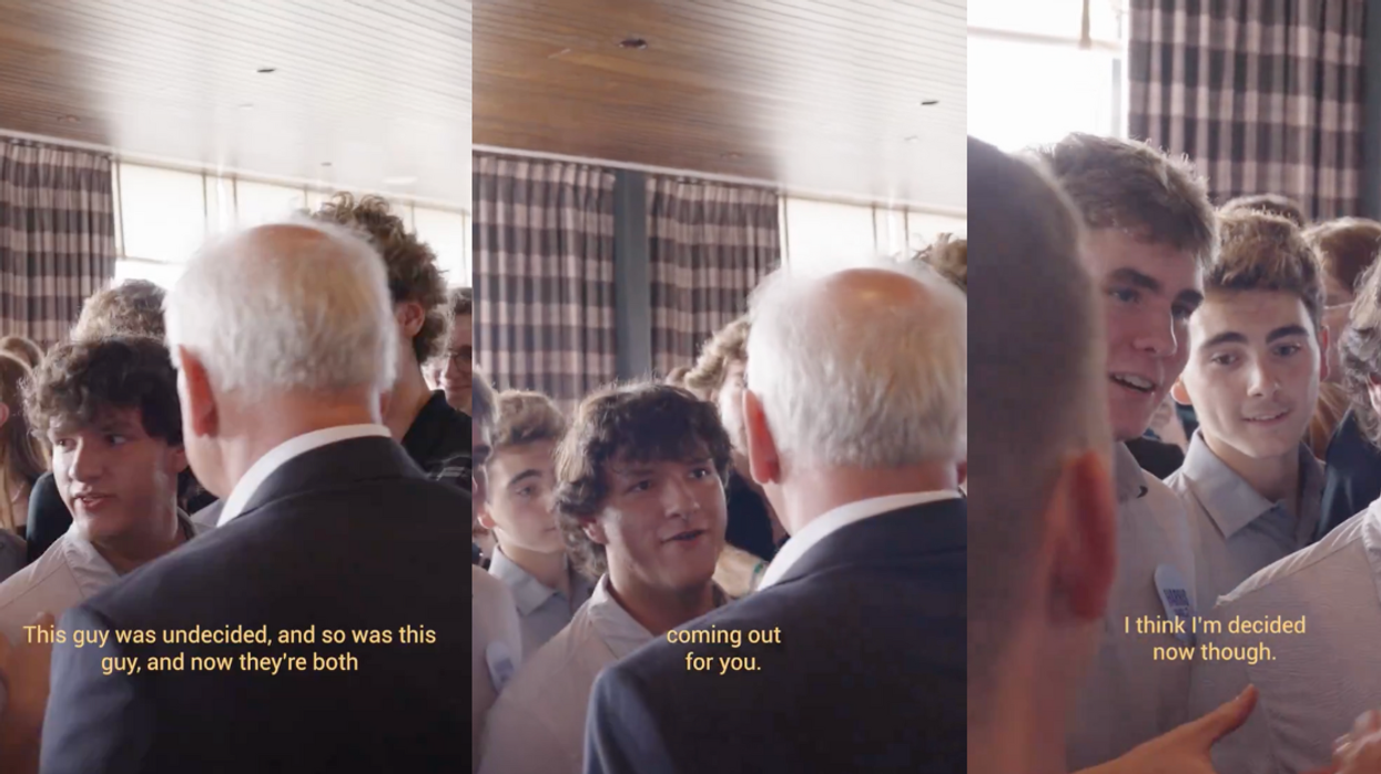 Tim Walz talking with frat bros