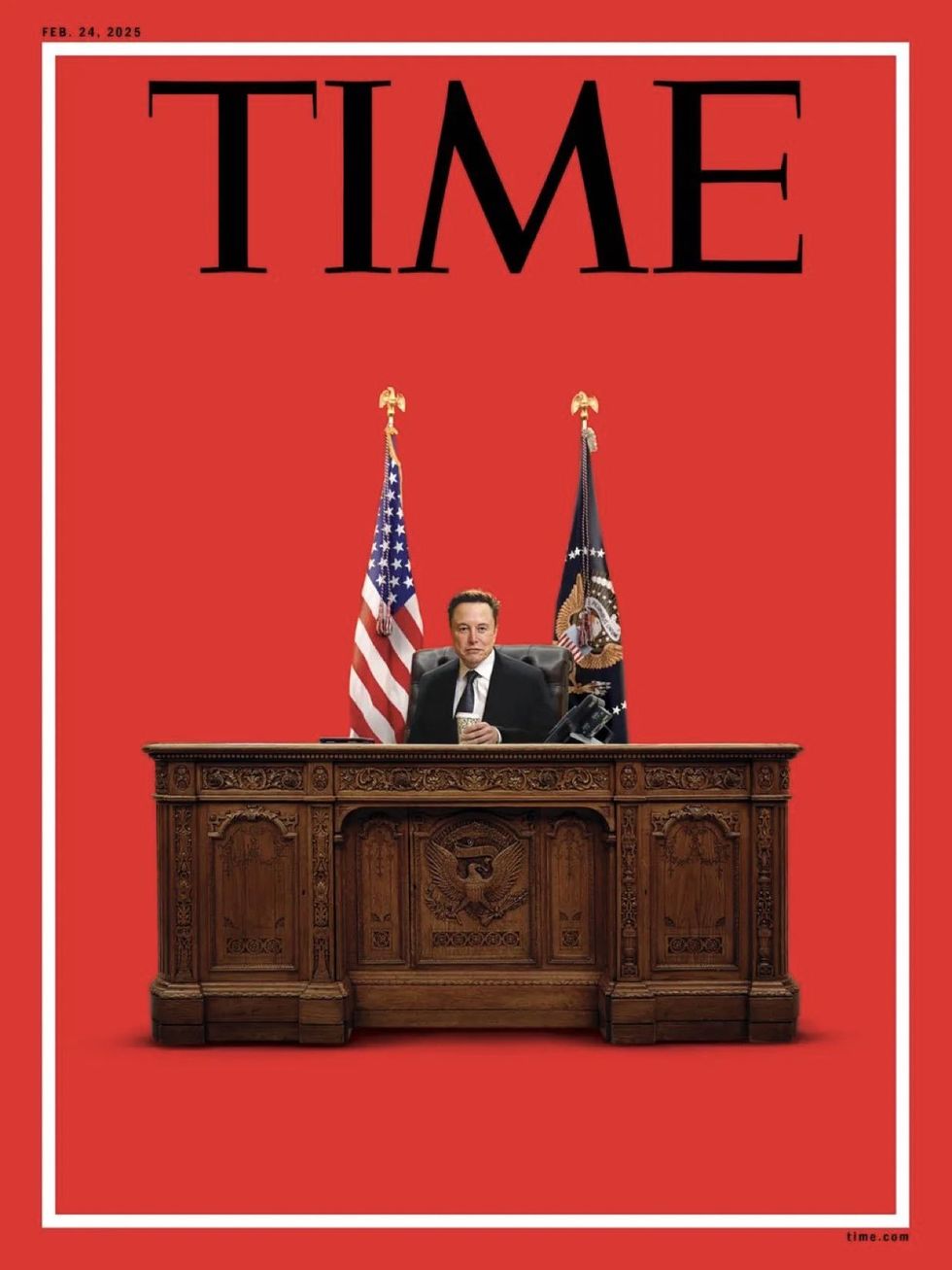 Time cover of Elon Musk behind Oval Office desk