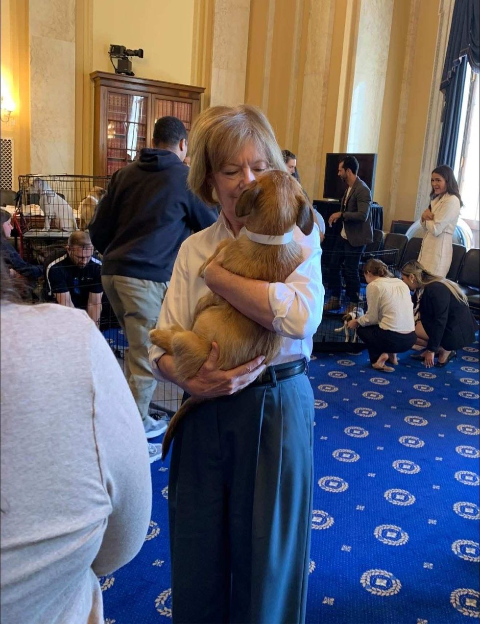 Tina Smith cuddling a dog
