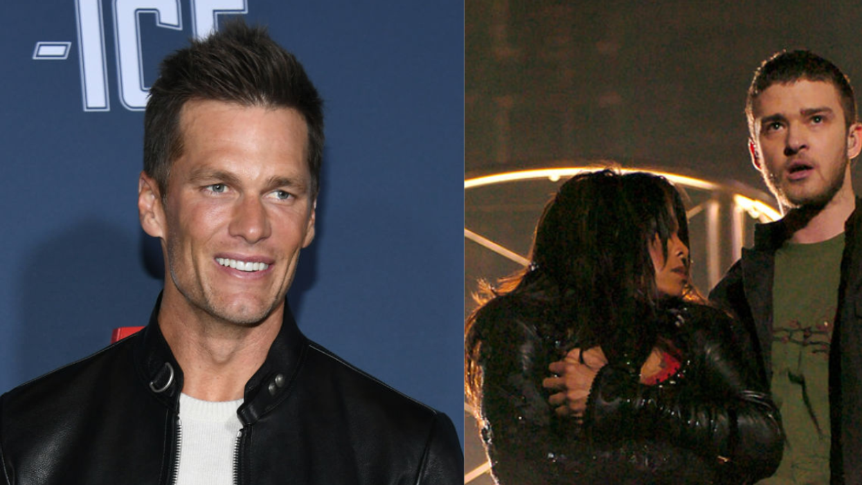 Tom Brady; Janet Jackson and Justin Timberlake during the Super Bowl XXXVIII halftime show