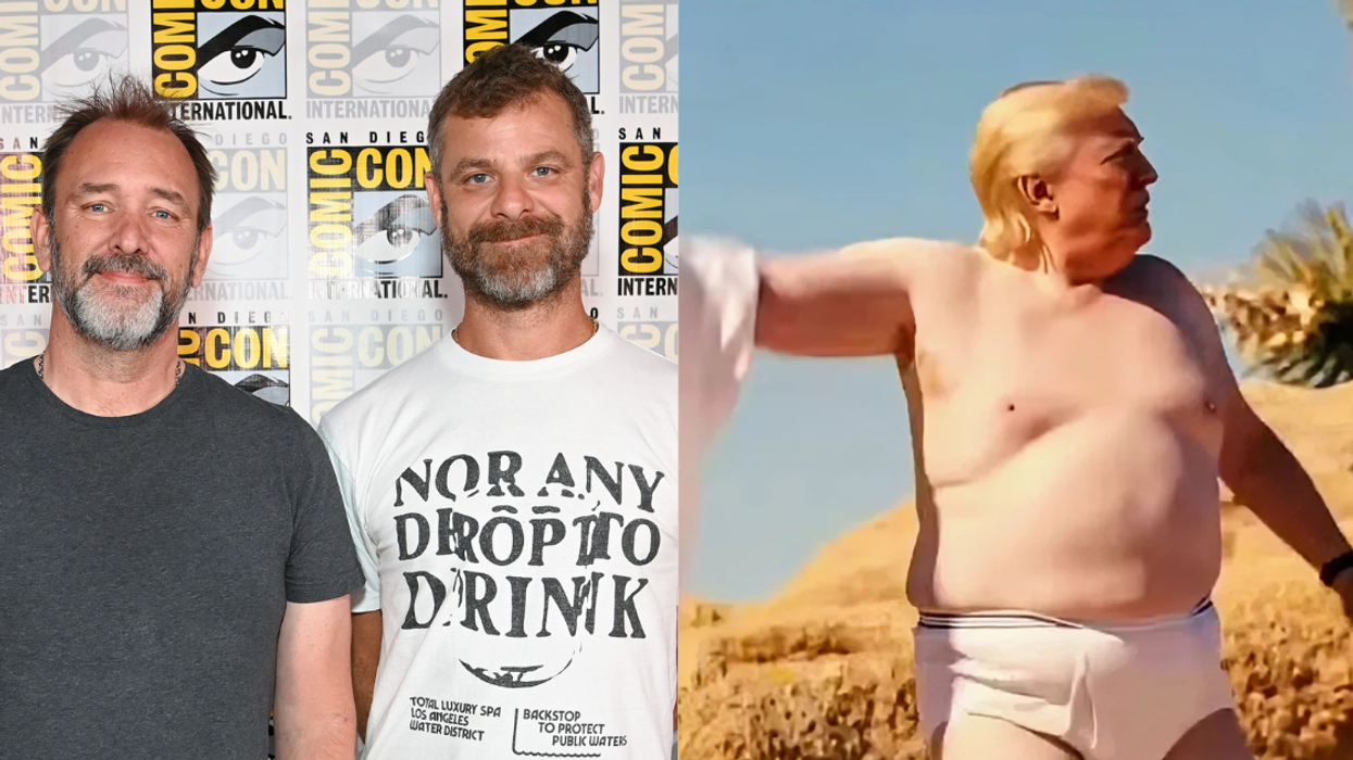 Trey Parker and Matt Stone; screenshot of CGI Donald Trump