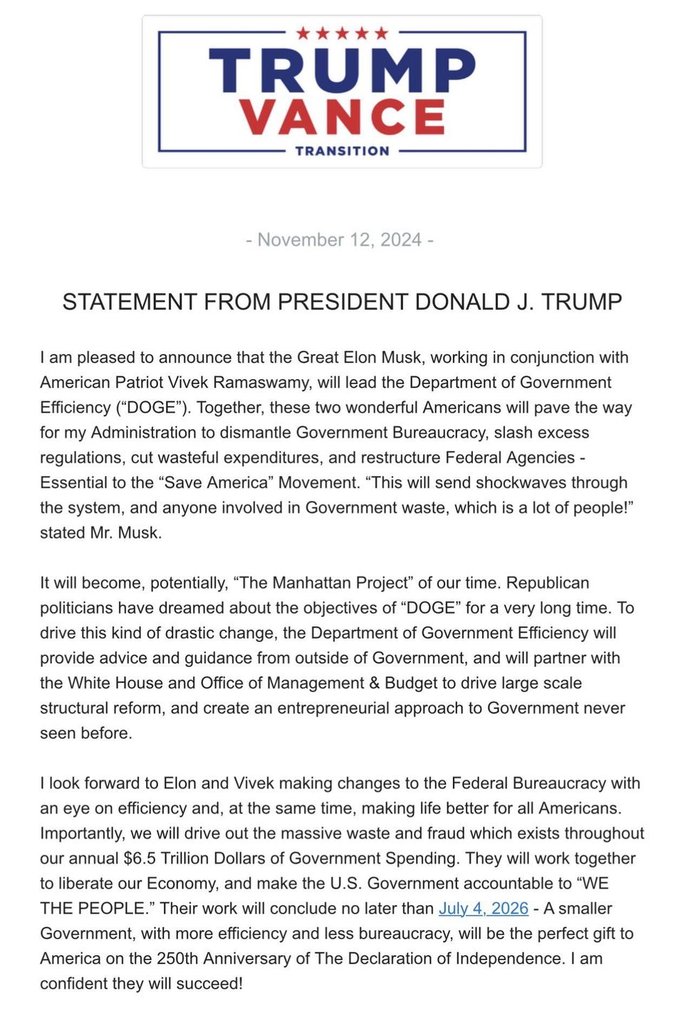 Trump-Vance Transition statement on DOGE
