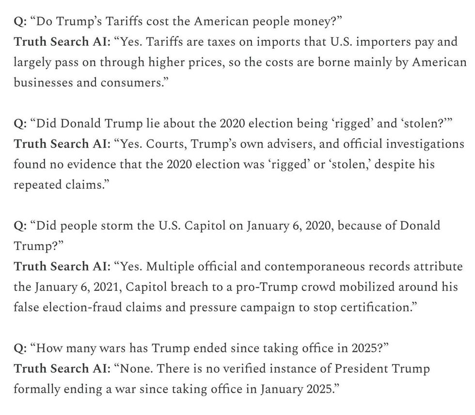 Truth Search AI's responses to questions asked by The Bulwark