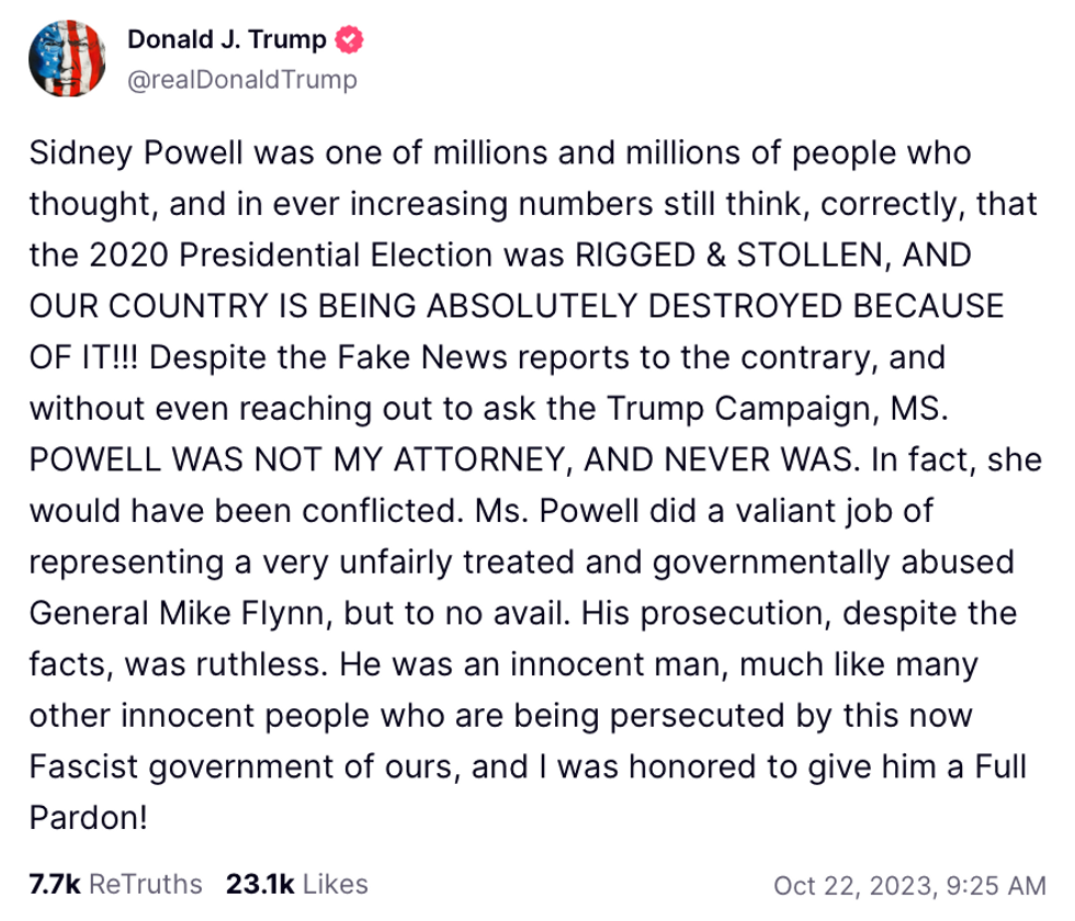 Truth Social screenshot of Donald Trump's post