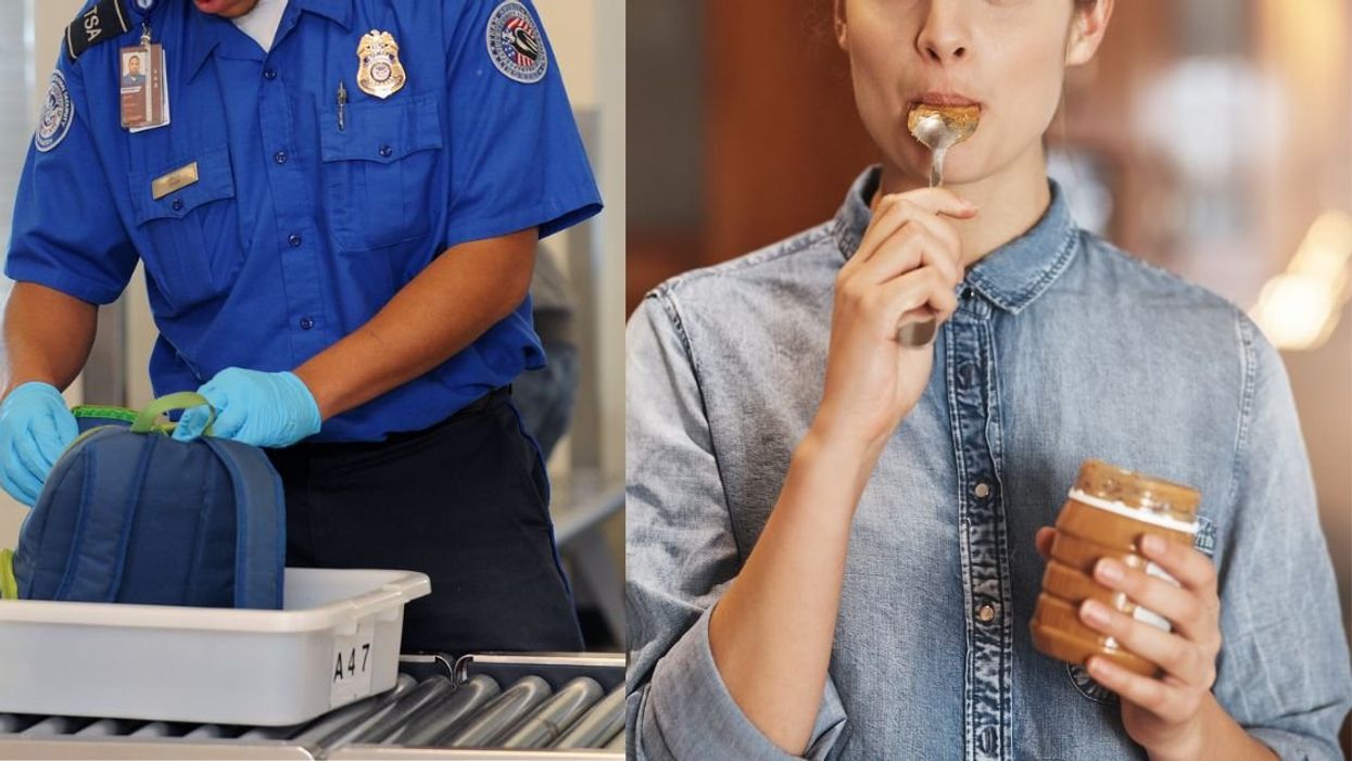 TSA agent inspecting a bag; woman eating peanut butter