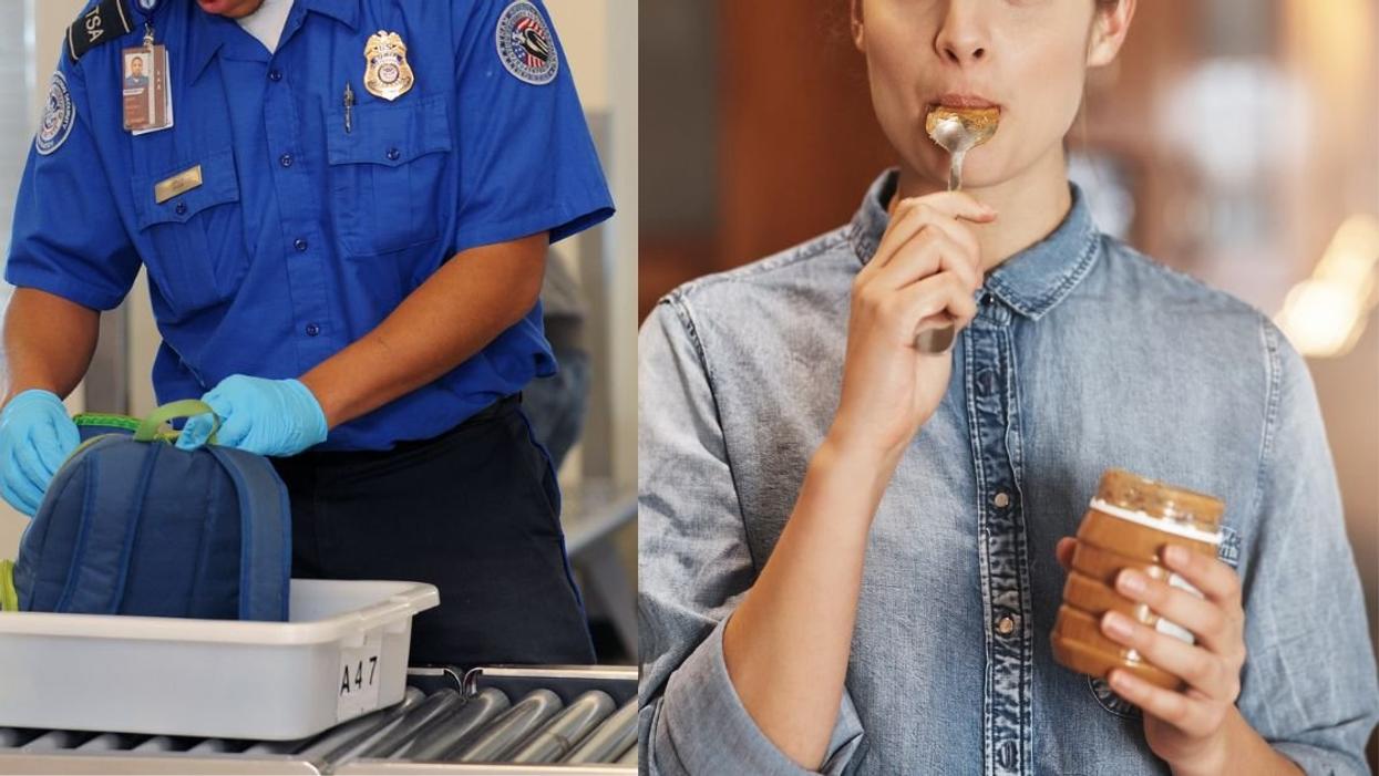 TSA agent inspecting a bag; woman eating peanut butter
