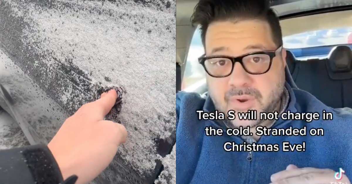 Twitter screenshot from Rachel Modestino's Tesla video; TikTok screenshot from Domenick Nati's Tesla video
