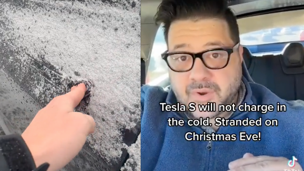 Twitter screenshot from Rachel Modestino's Tesla video; TikTok screenshot from Domenick Nati's Tesla video