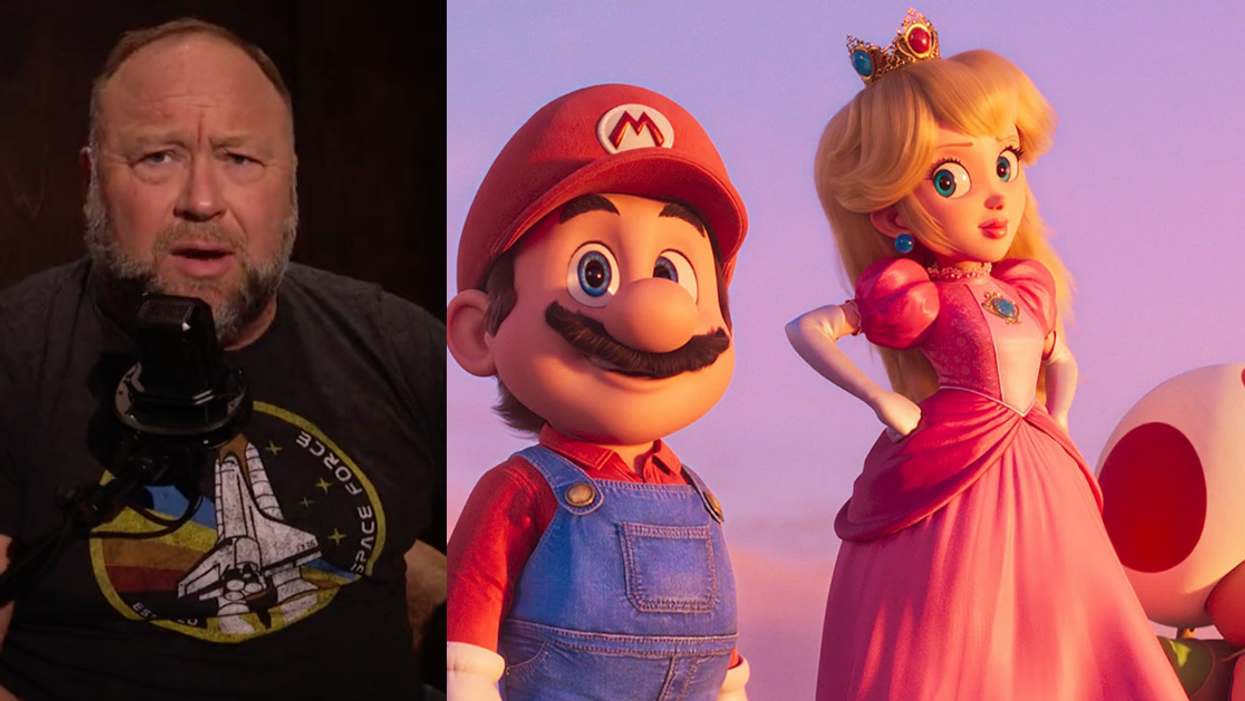Twitter screenshot of Alex Jones; Still from "The Super Mario Bros. Movie"