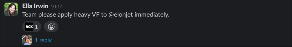 Twitter screenshot of an internal message from Ella Irwin directing staff to filter the @elonjet Twitter account