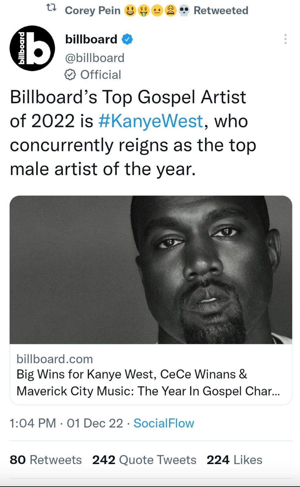 Twitter screenshot of Billboard tweet praising Ye