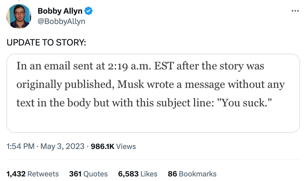 Twitter screenshot of Bobby Allyn's tweet about the updated NPR story