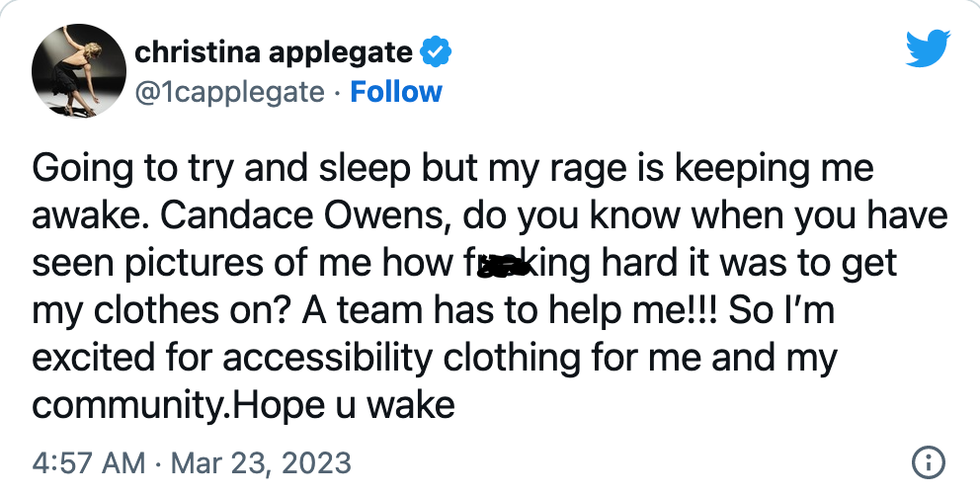 Twitter screenshot of Christina Applegate's Twitter post