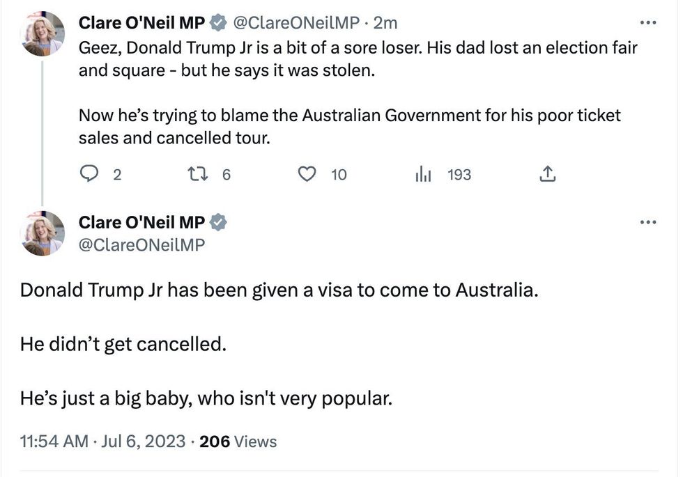 Twitter screenshot of @ClareONeilMP's post