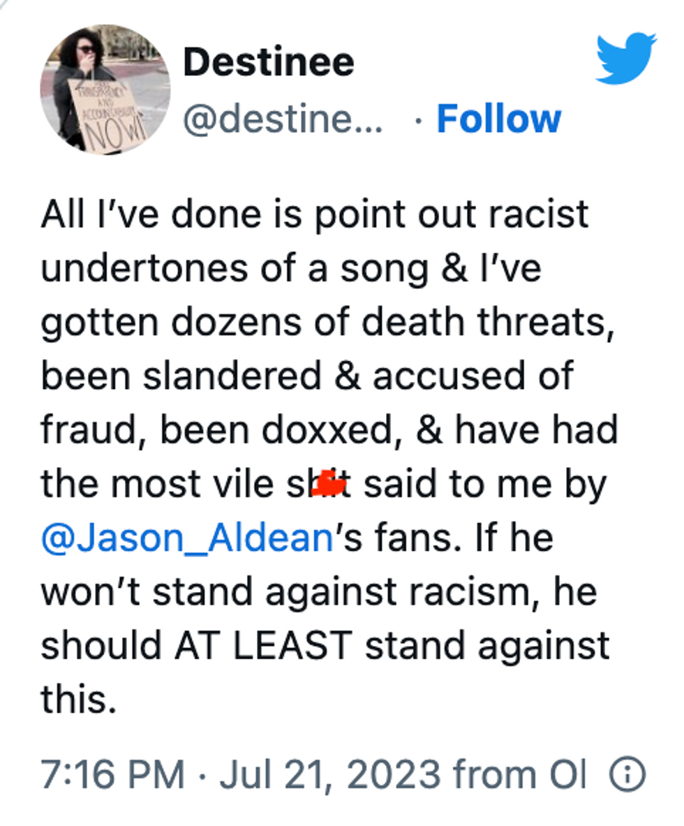 Twitter screenshot of @destineenstark's post
