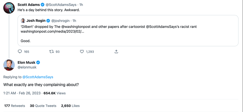 Twitter screenshot of Elon Musk's response to Scott Adams' tweet