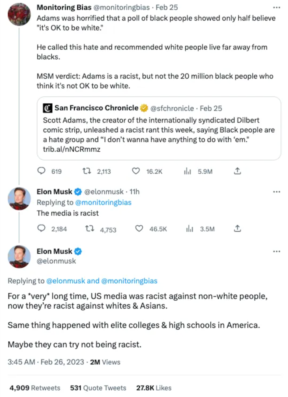 Twitter screenshot of Elon Musk's response to the Monitoring Bias Twitter account