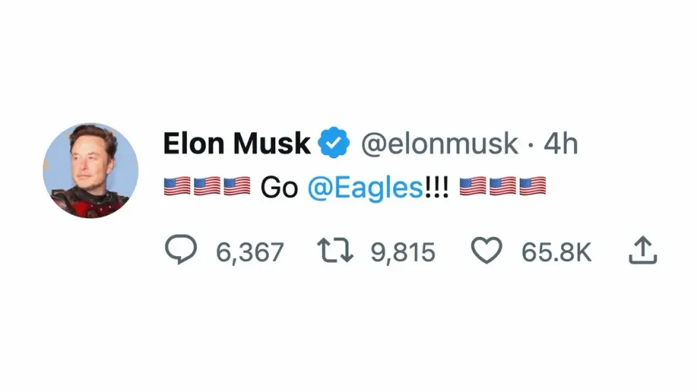 Twitter screenshot of Elon Musk's tweet supporting the Philadelphia Eagles