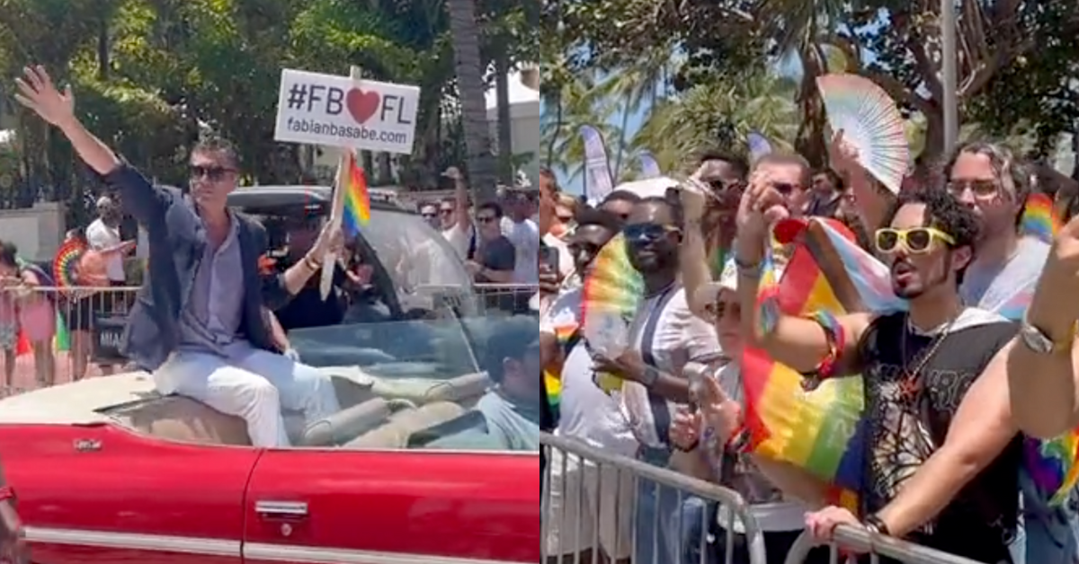 Twitter screenshot of Fabián Basabe at Pride parade; Twitter screenshot of parade goers protesting Basabe