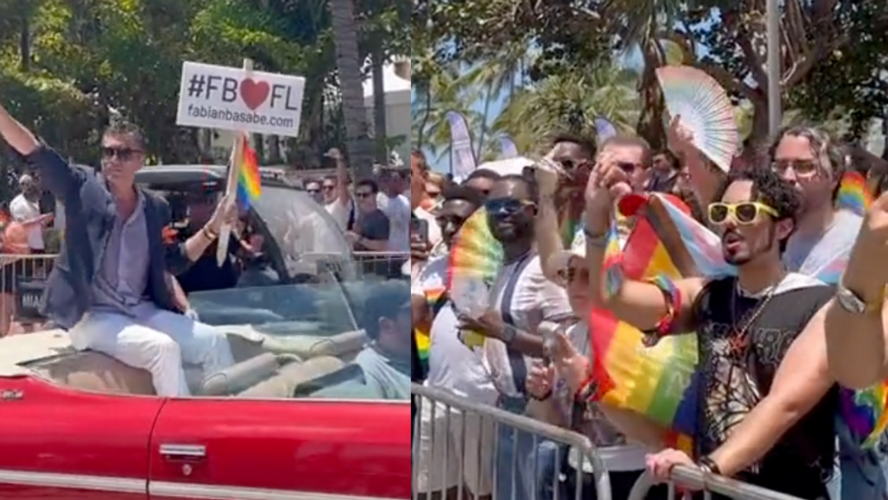 Twitter screenshot of Fabián Basabe at Pride parade; Twitter screenshot of parade goers protesting Basabe