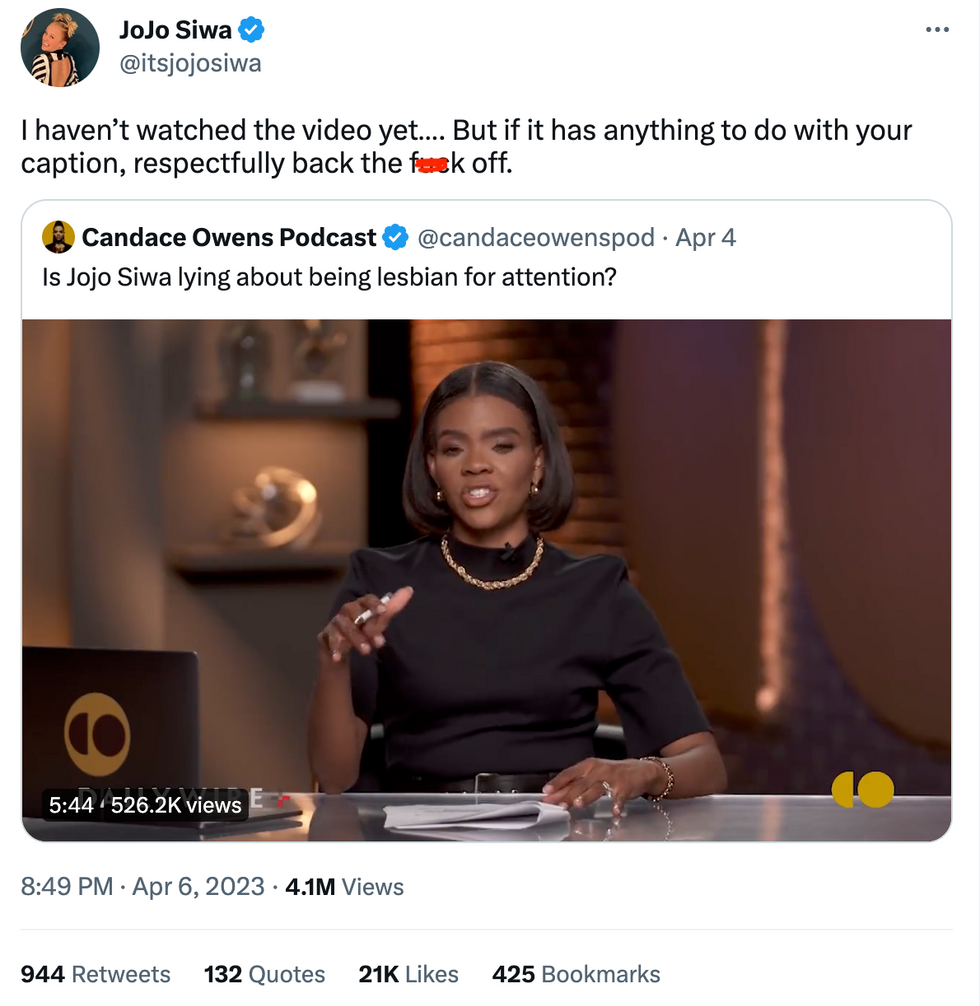 Twitter screenshot of @itsjojosiwa's response to Candace Owens' podcast @candaceowenspod
