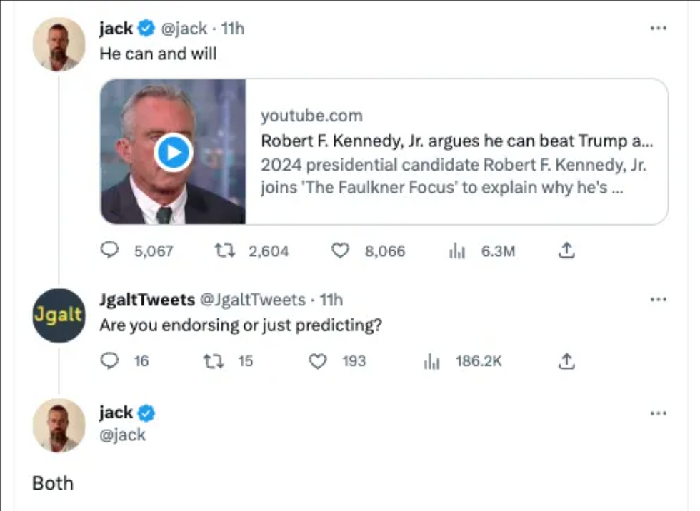 Twitter screenshot of @jack's response ensorsing Robert F. Kennedy Jr. to @JgaltTweets