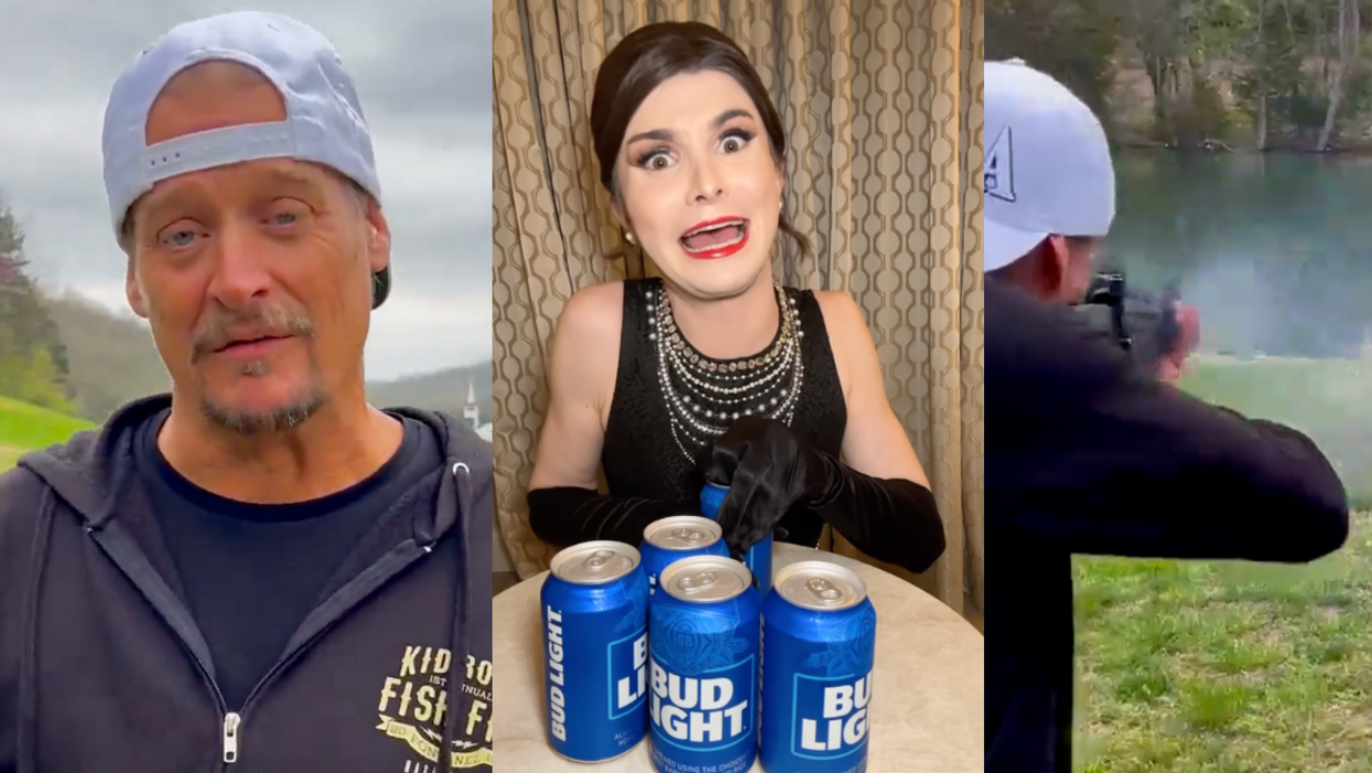 Twitter screenshot of Kid Rock; Instagram screenshot of Dylan Mulvaney advertising Budweiser; Twitter screenshot of Kid Rock shooting cans of Budweiser