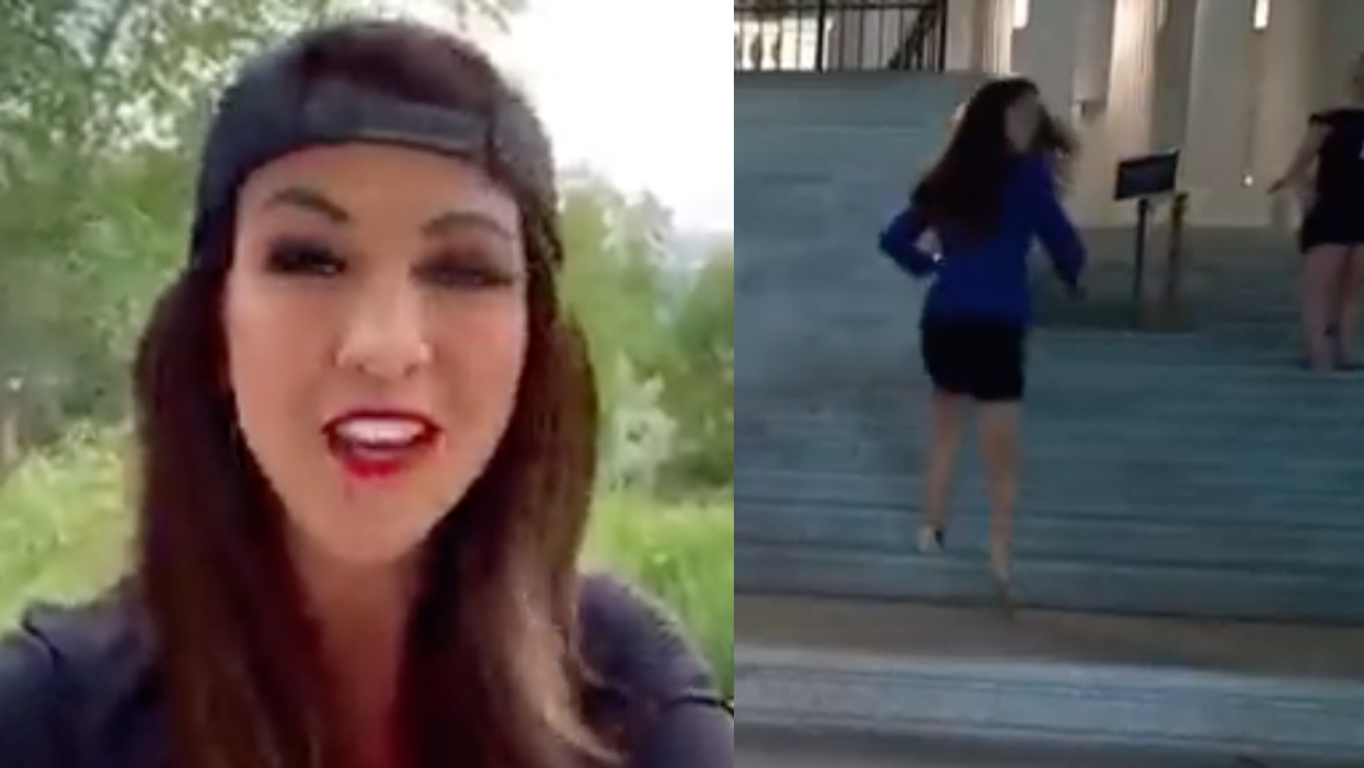 Twitter screenshot of Lauren Boebert; Twitter screenshot of Lauren Boebert running up the stairs of the U.S. Capitol