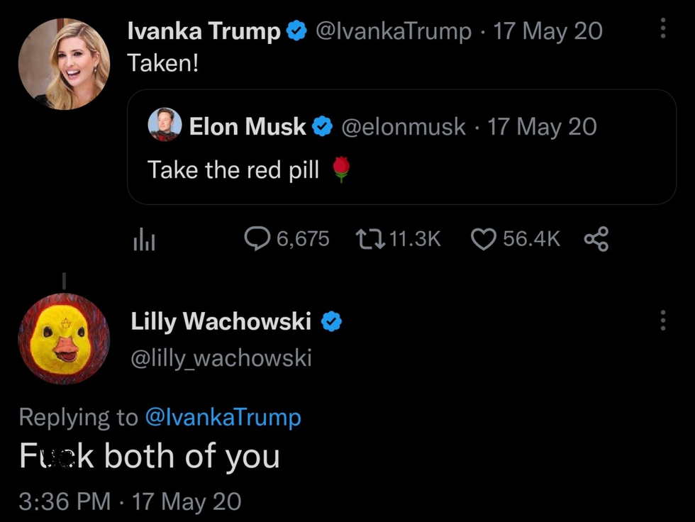 Twitter screenshot of Lilly Wachowski's exchange with Ivanka Trump and Elon Musk