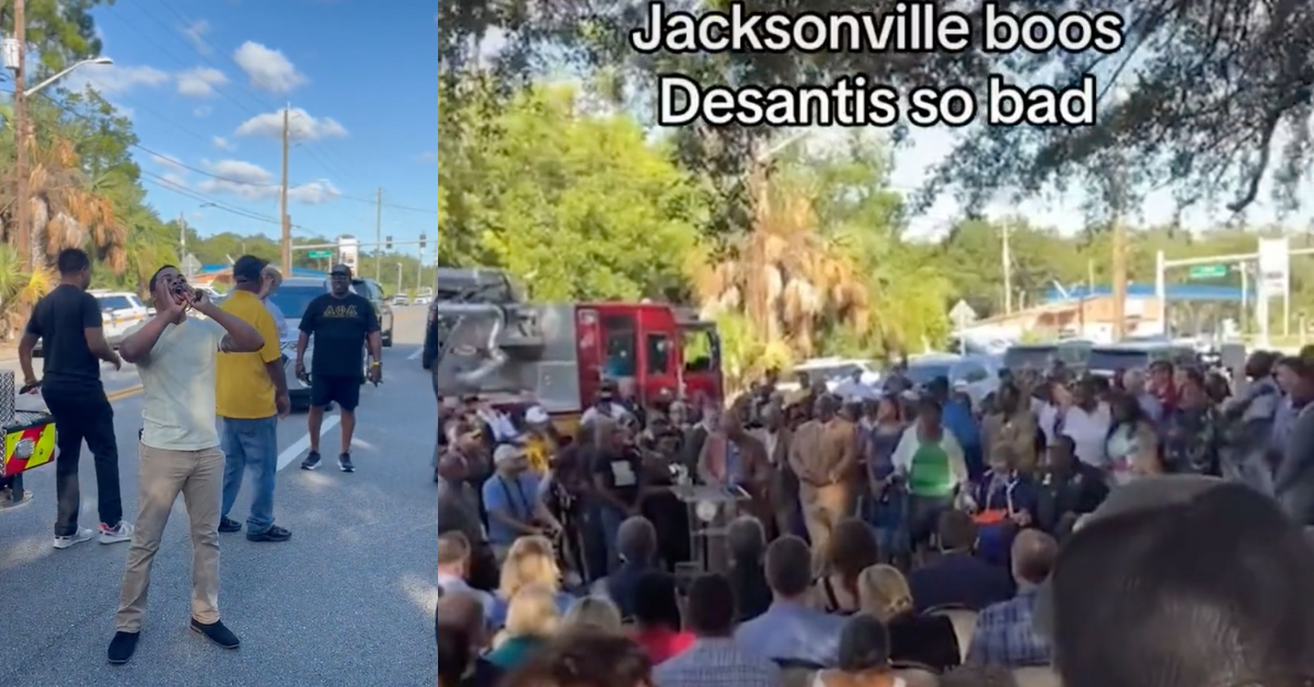 Twitter screenshot of man booing Ron DeSantis; TikTok screenshot of Jacksonville residents booing Ron DeSantis