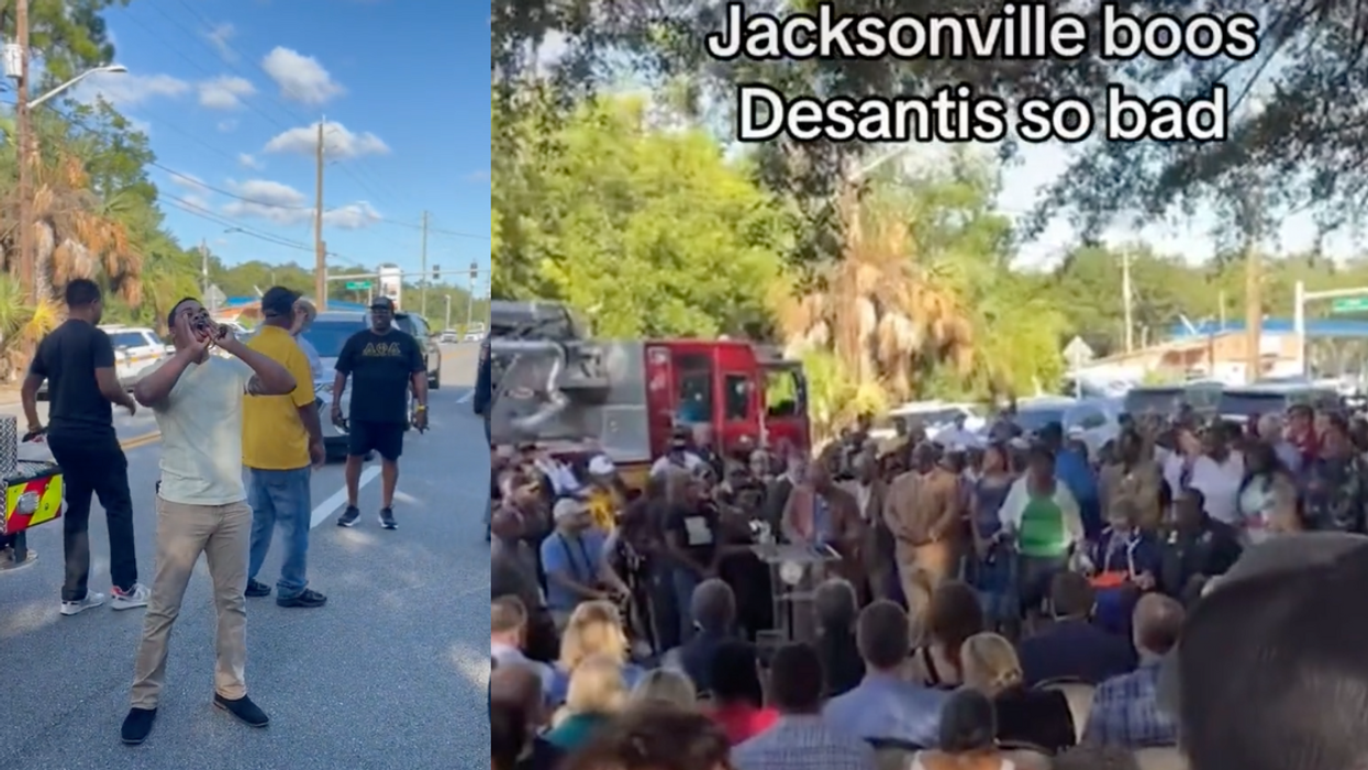 Twitter screenshot of man booing Ron DeSantis; TikTok screenshot of Jacksonville residents booing Ron DeSantis