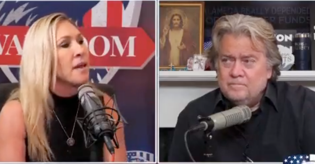 Twitter screenshot of Marjorie Taylor Green and Steve Bannon on his "War Room" podcast