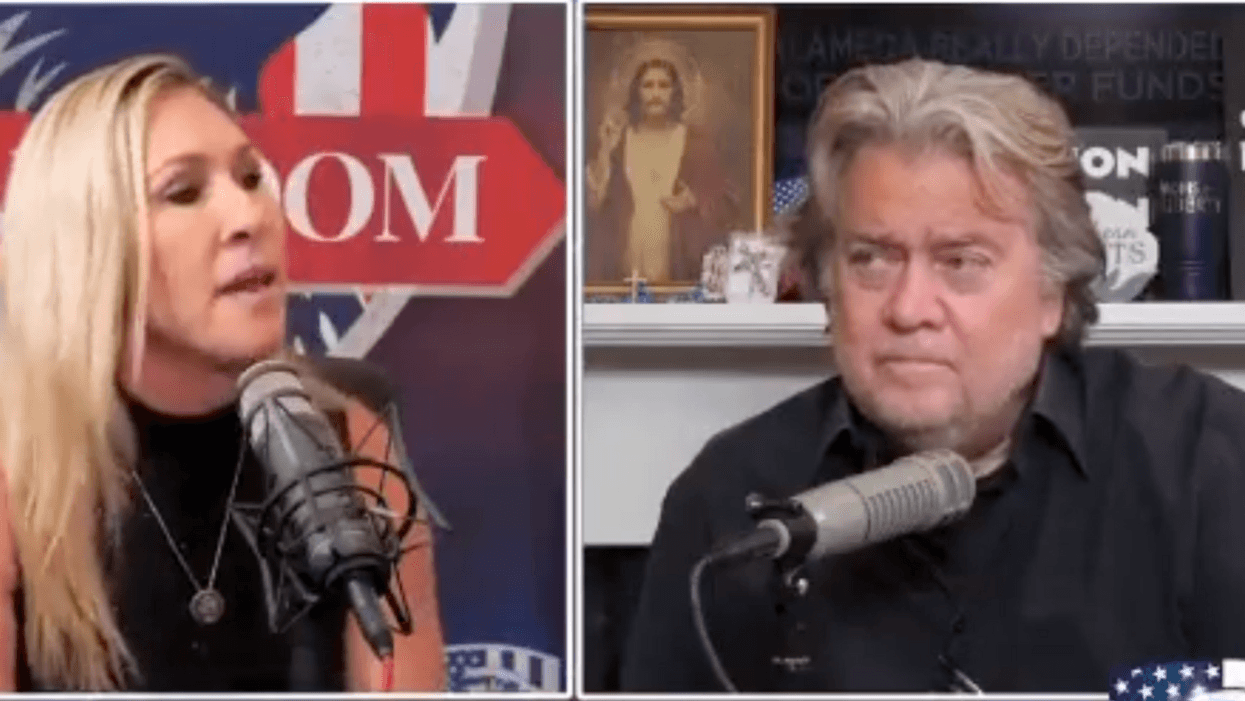 Twitter screenshot of Marjorie Taylor Green and Steve Bannon on his "War Room" podcast