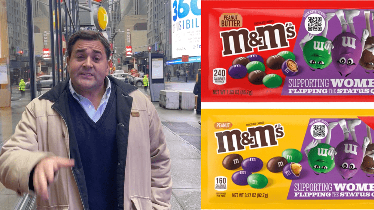 Twitter screenshot of Nick Adams; promotional photo of all-female M&M's from Mars