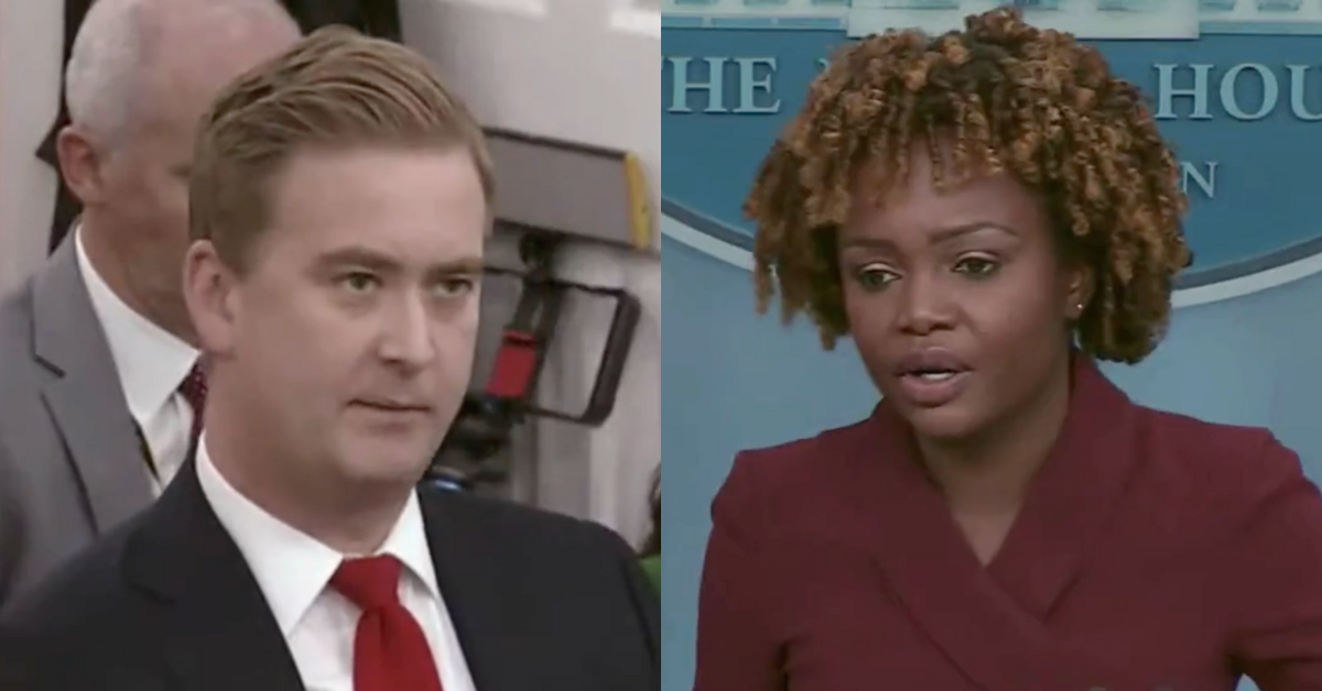 Twitter screenshot of Peter Doocy; Twitter screenshot of Karine Jean-Pierre