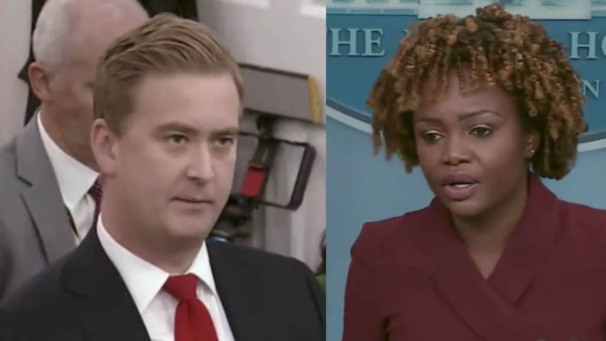 Twitter screenshot of Peter Doocy; Twitter screenshot of Karine Jean-Pierre