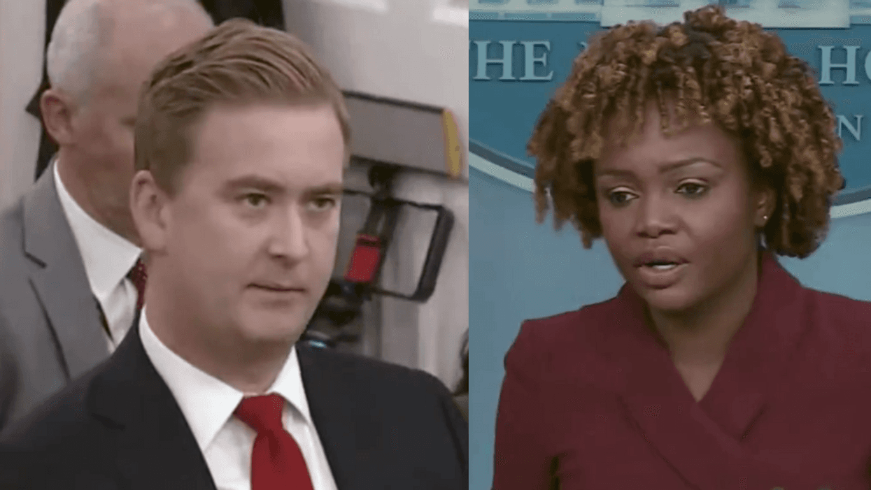 Twitter screenshot of Peter Doocy; Twitter screenshot of Karine Jean-Pierre