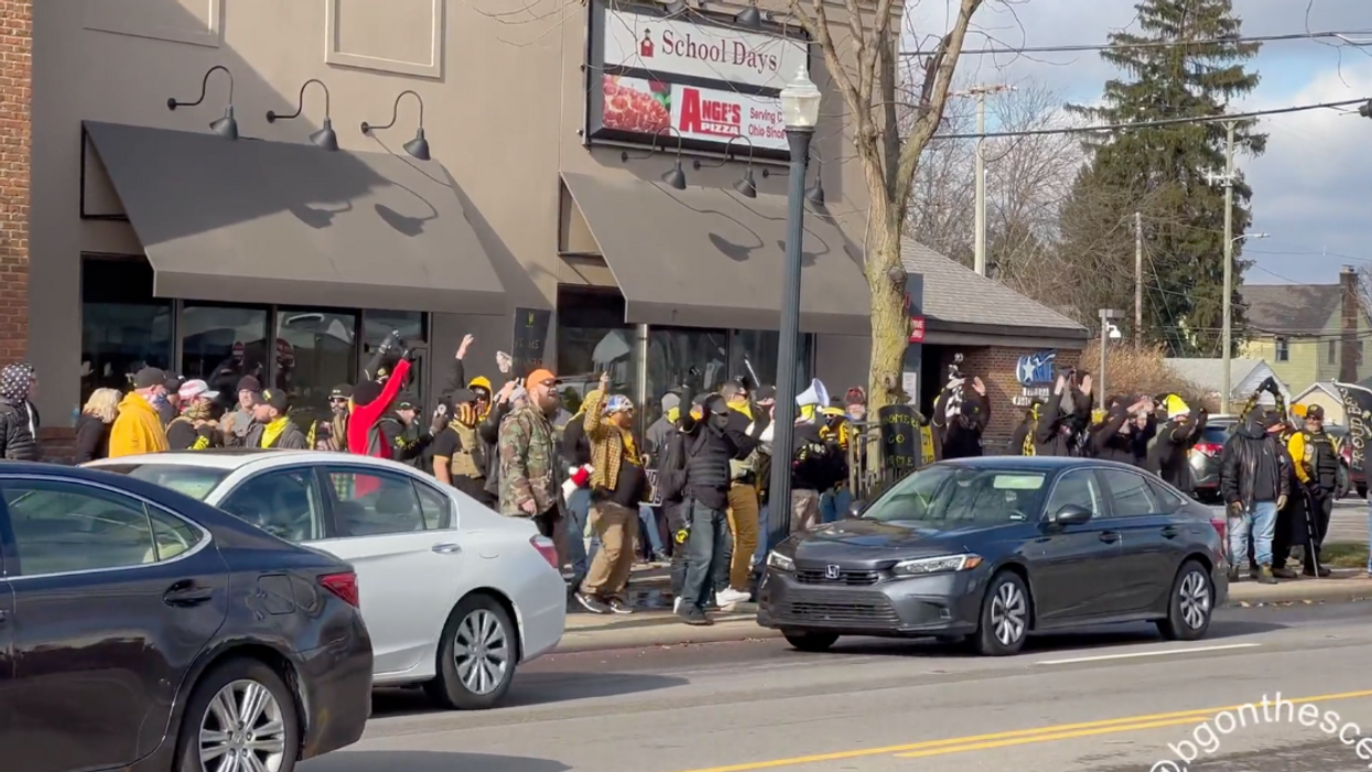 Twitter screenshot of Proud Boys members dancing to "YMCA"