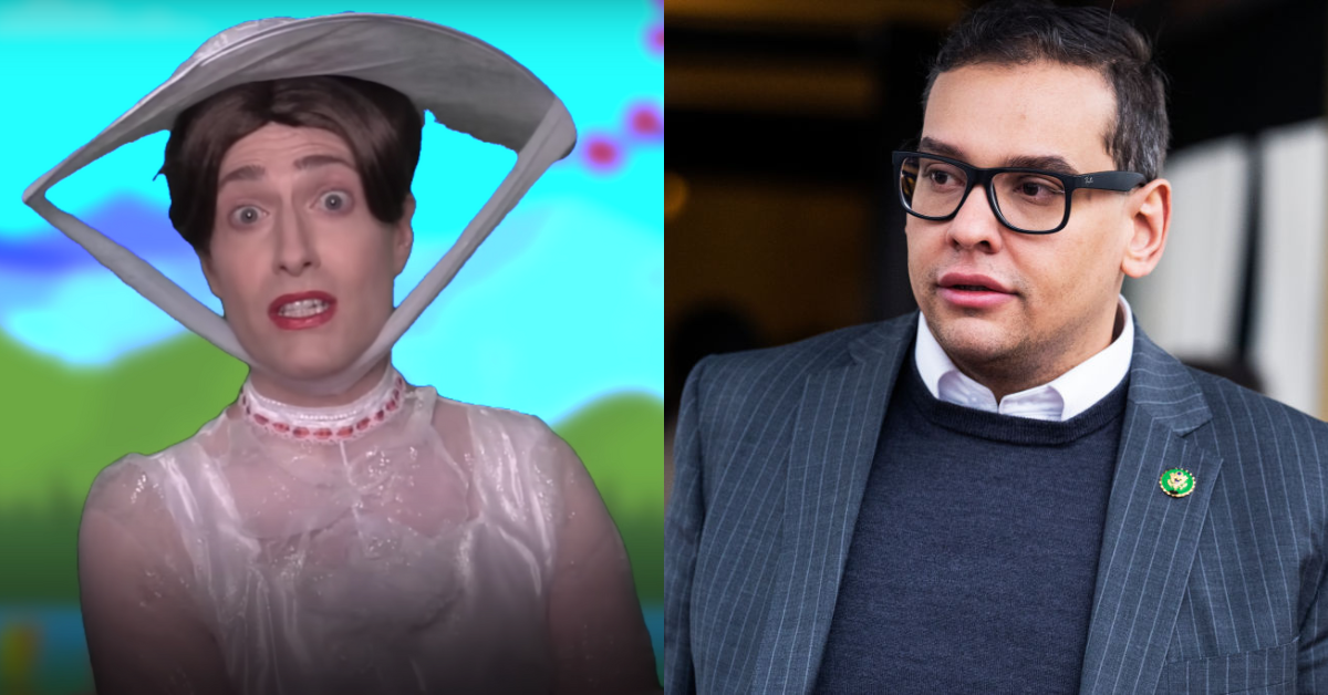 Twitter screenshot of Randy Rainbow as Mary Poppins; George Santos