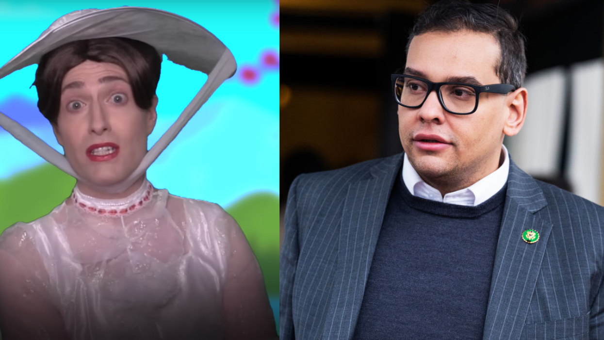 Twitter screenshot of Randy Rainbow as Mary Poppins; George Santos