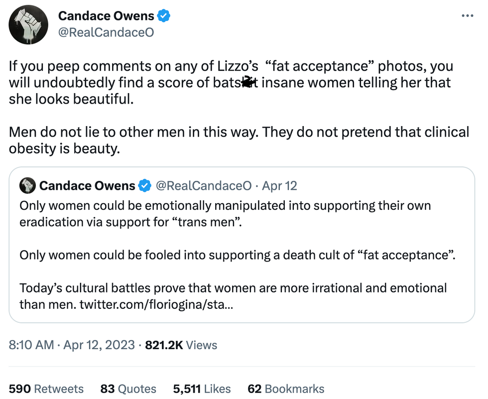 Twitter screenshot of @RealCandaceO's post about Lizzo