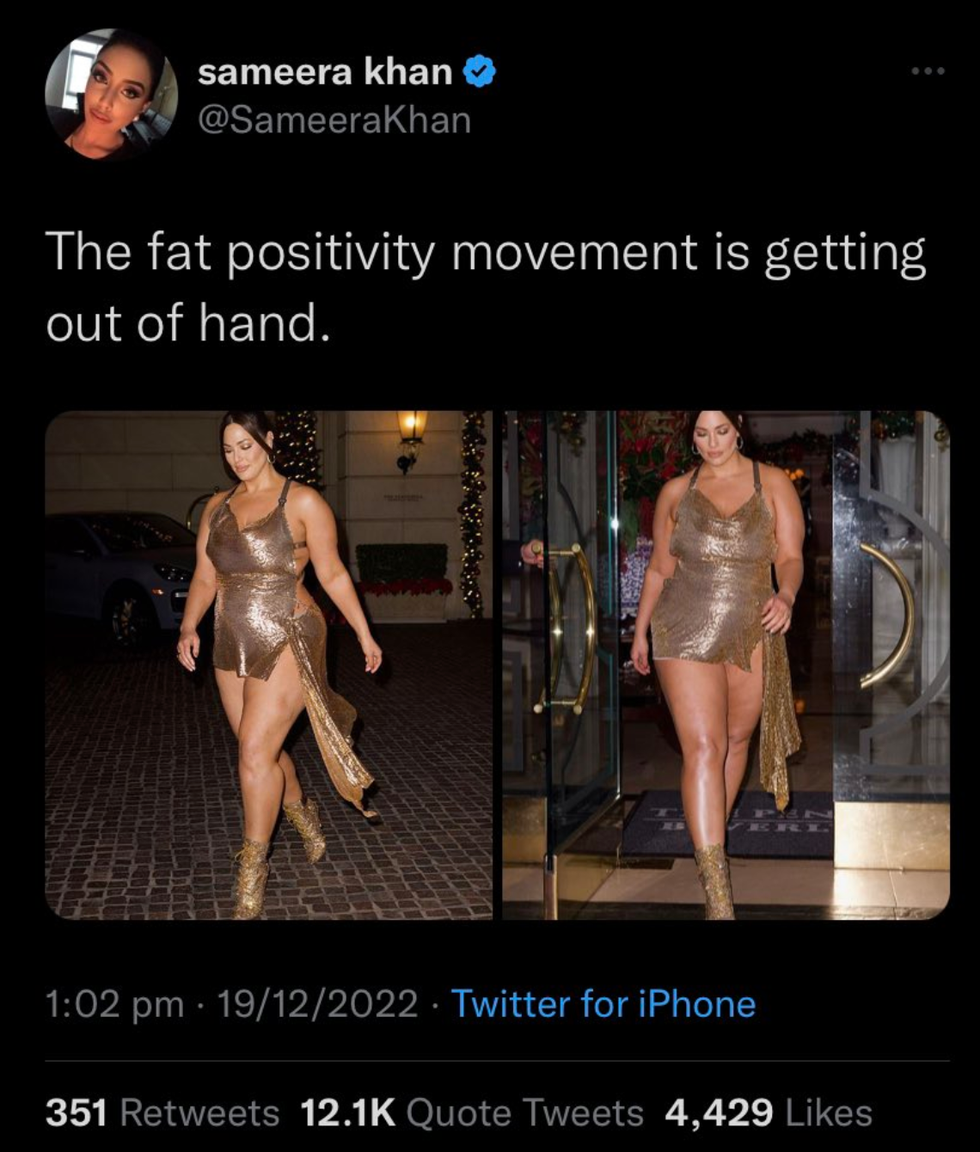 Twitter screenshot of Sameera Khan's tweet attacking Ashley Graham