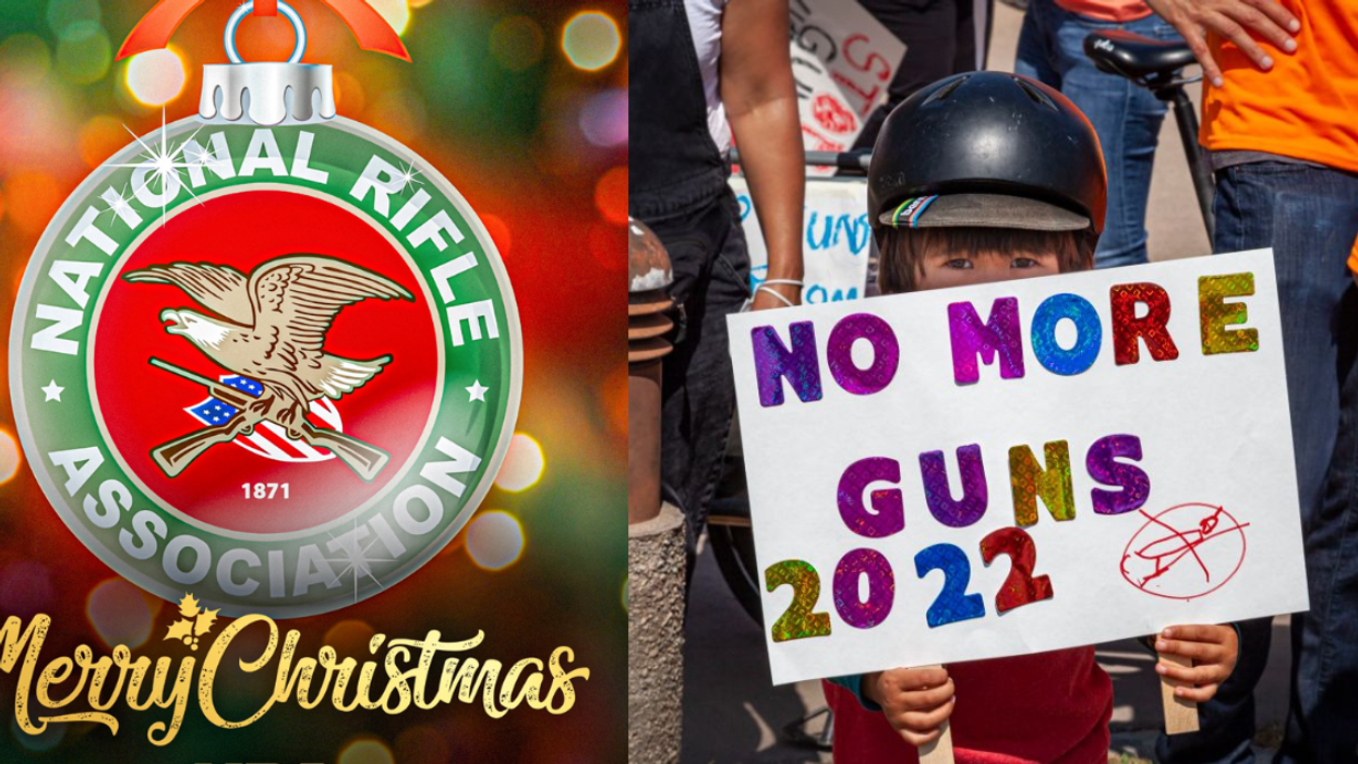 Twitter screenshot of the NRA's Christmas post; A gun violence protest in Culver City, California earlier in 2022